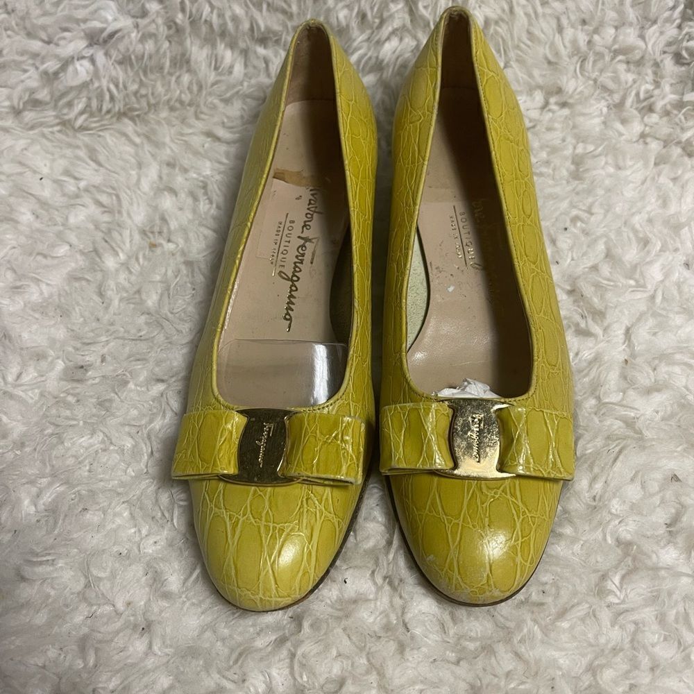 Salvatore Ferragamo Yellow Crocs Embossed Flats with Gold tone Buckle SZ 7B